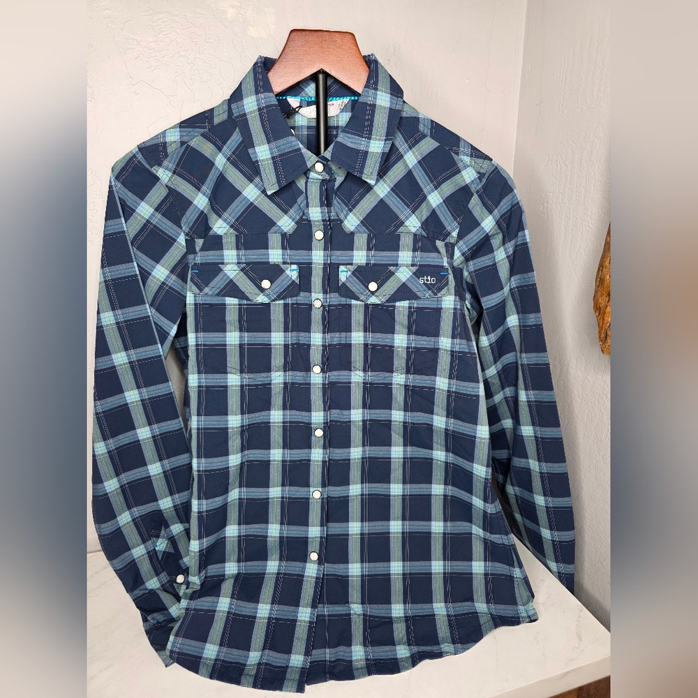 NEW Stio Eddy Long Sleeve Mountain Shadow Blue Plaid Button‎ Up Shirt Size Small